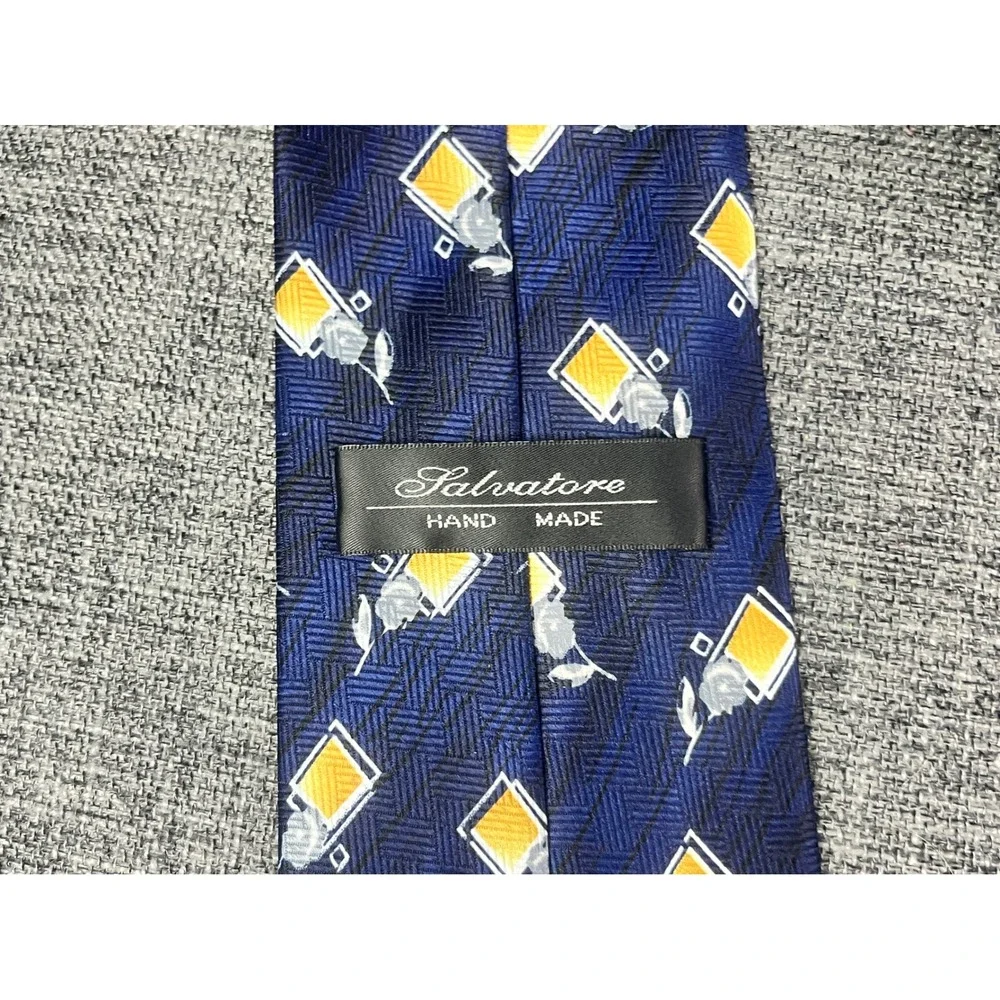 Salvatore Mens Navy Blue Geometric Floral Herringbone Handmade Polyester Tie